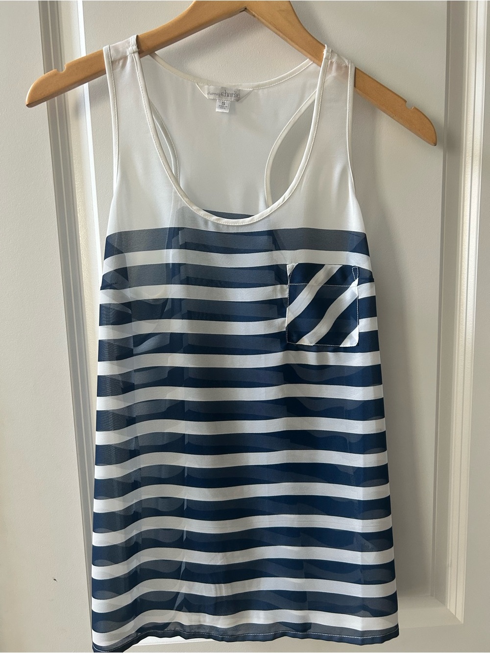 Women’s Navy & White Striped Pocket Sheer Tank Top